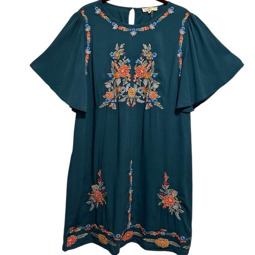 Entro Medium Bohemian Teal Floral Embroidered Dress